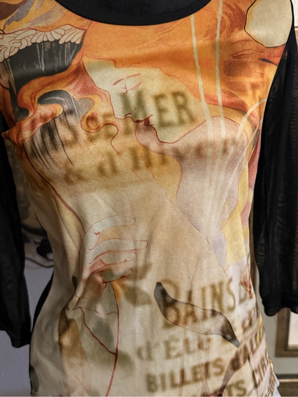 Vtg Y2K Susan Lawrence Art Nouveau Graphic Sheer Mesh Sleeve Top •Size S•